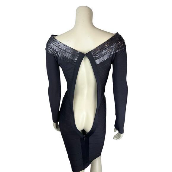 Herve Leger Long Sleeve Sequin Bandage Dress Size XS Candice Off Shoulder Gray - Picture 4 of 12